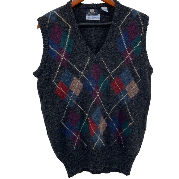 Vintage Bill Walker Sweater Vest Mens Large Argyle 100% Shetland Wool Grandpa